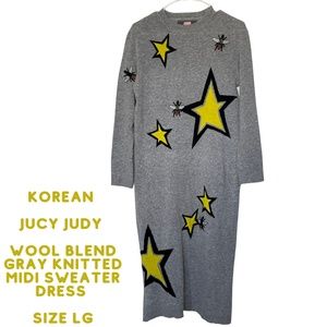 Jucy Judy Wool Blend Gray Knitted  Midi Sweater Dress Size LG
